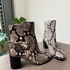 Tory Burch Kira Snakeskin Print Embossed Black and Cream Snake Print Ankle Boots